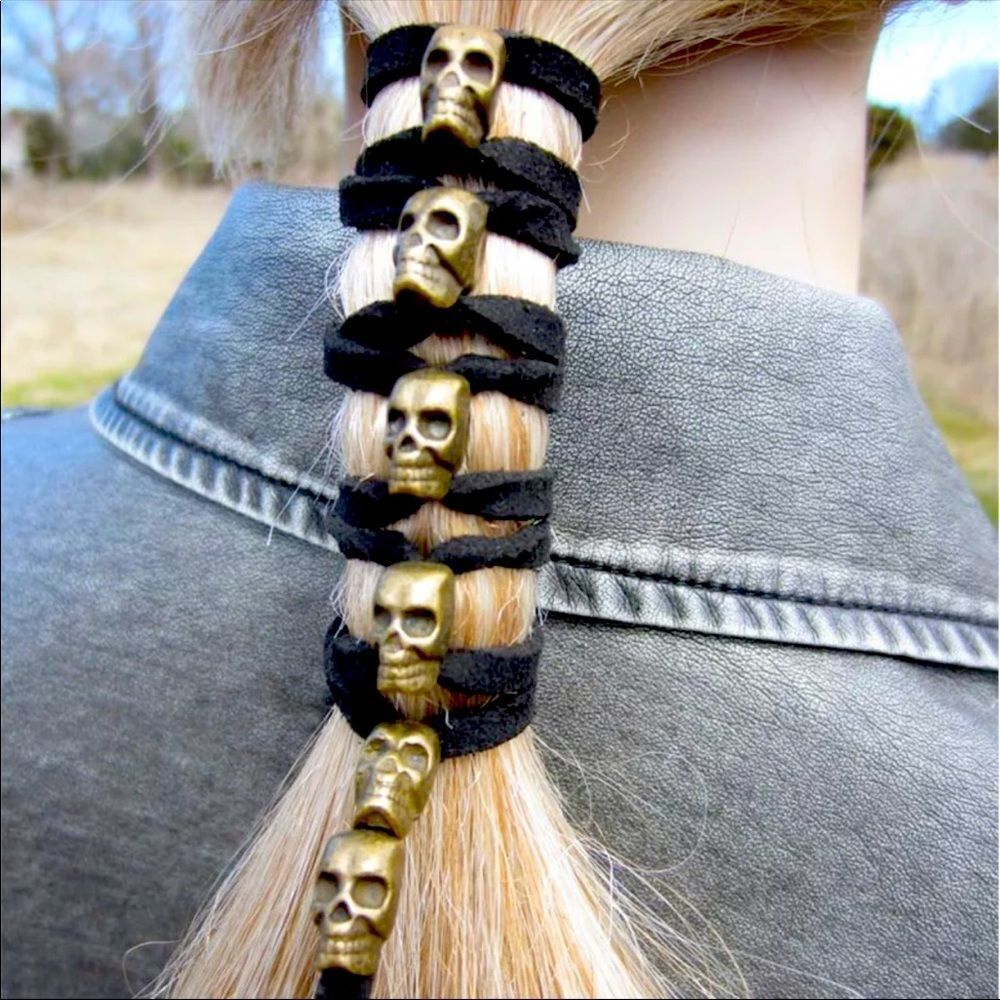 Leather Brass Skulls Hair Ties Wraps Accessory - NEW